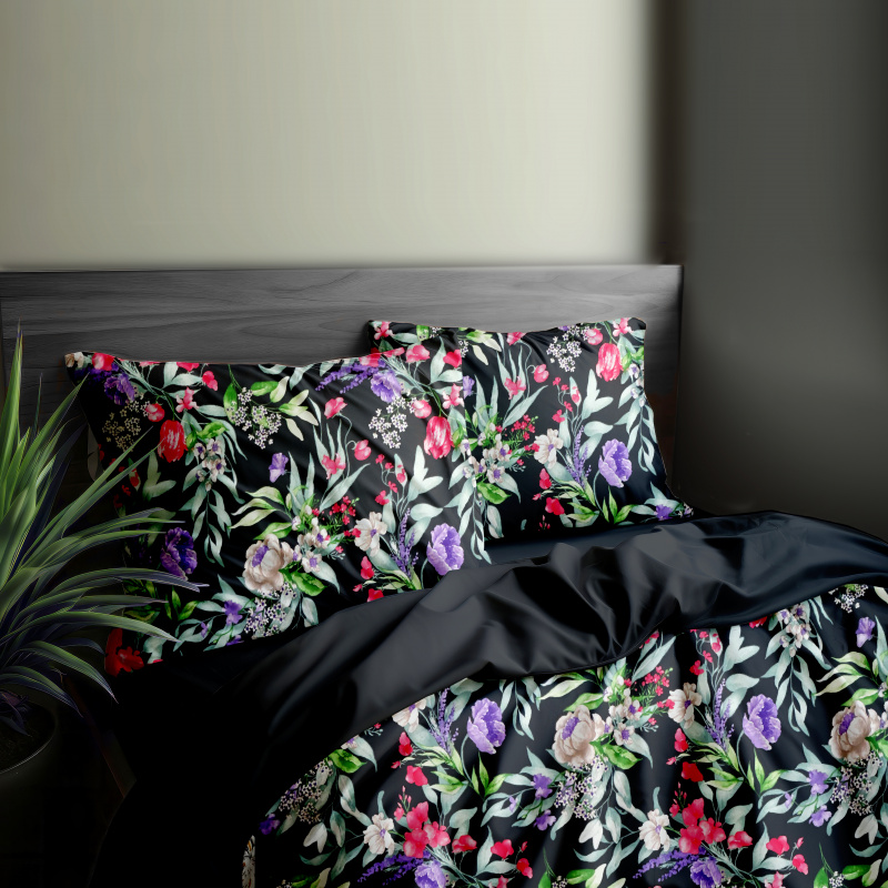 Ervi Bavlněné povlečení oboustranné - Květinová elegance 2/černé