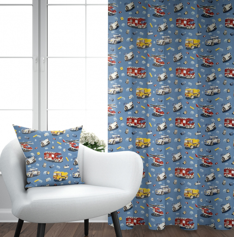 Ervi Bavlněný závěs - autíčká a vrtulníky na modrém