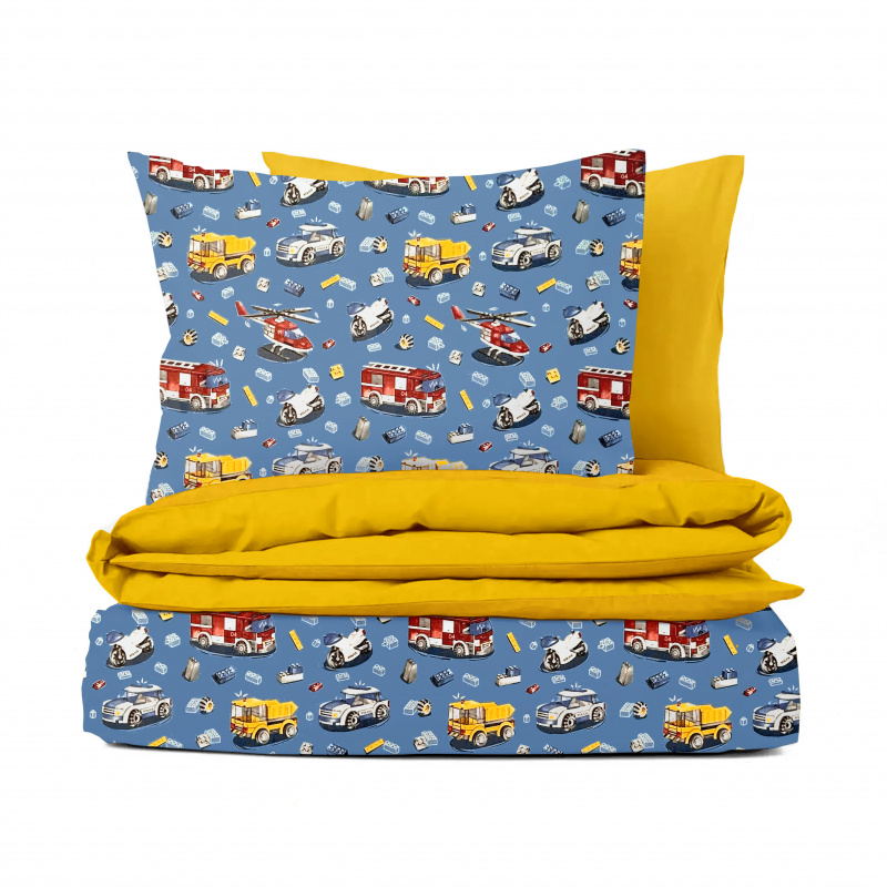 Ervi Bavlněné povlečení oboustranné - autíčká a vrtulníky na modrém/žluté