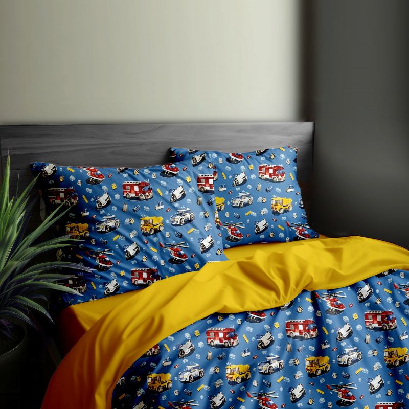 Ervi Bavlněné povlečení oboustranné - autíčká a vrtulníky na modrém/žluté