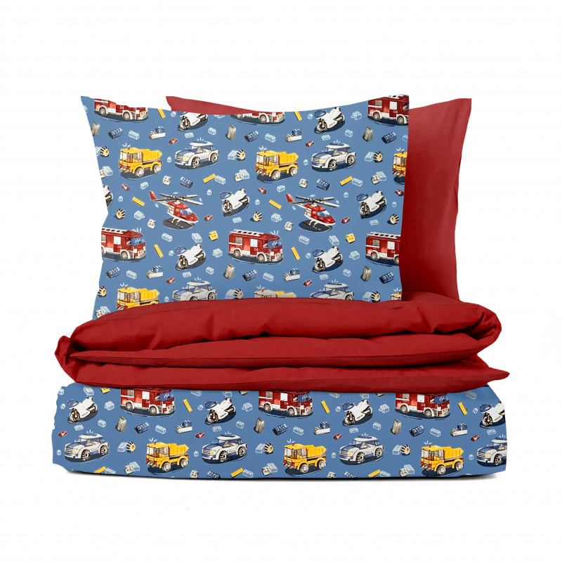 Ervi Bavlněné povlečení oboustranné - autíčká a vrtulníky na modrém/červené