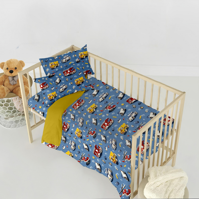 Ervi Bavlněné povlečení do postýlky DUO - autíčká a vrtulníky na modrém/žluté