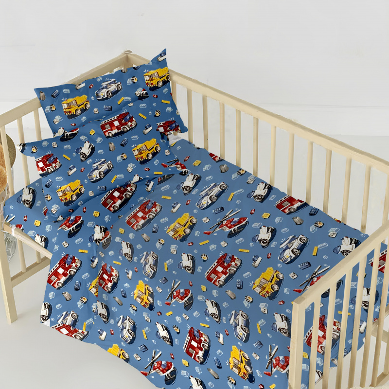 Ervi Bavlněné povlečení do postýlky - autíčká a vrtulníky na modrém