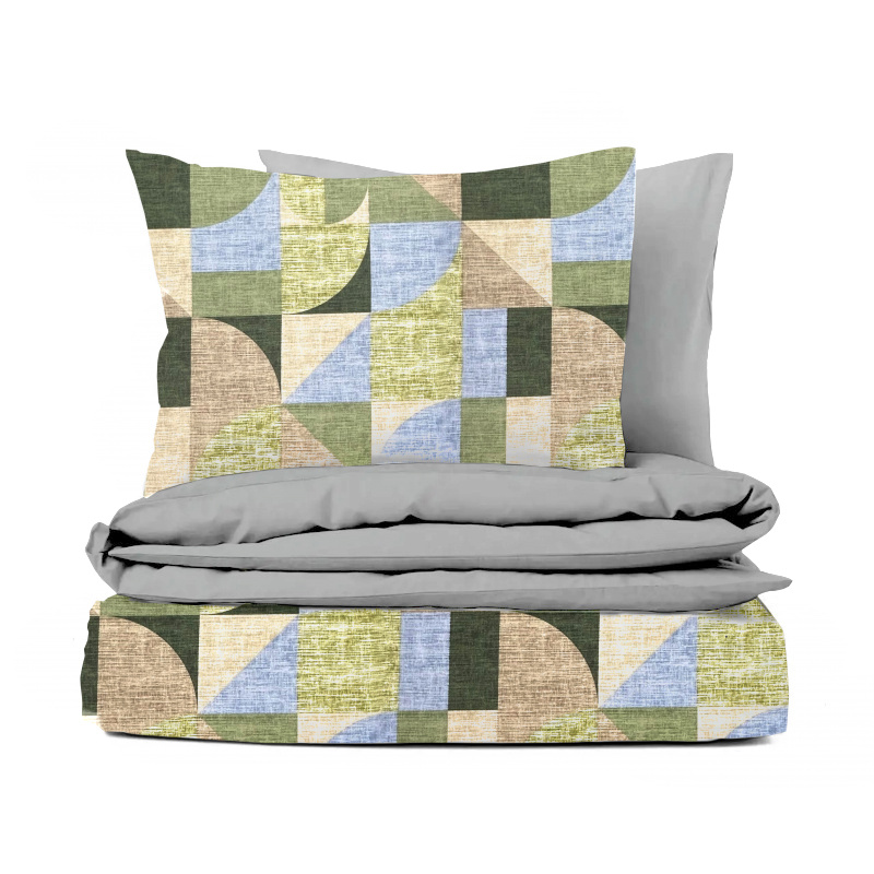 #Ervi FLANELOVÉ bavlněné povlečení - Abstrakce zelená-béžová/šedé 140x200 cm