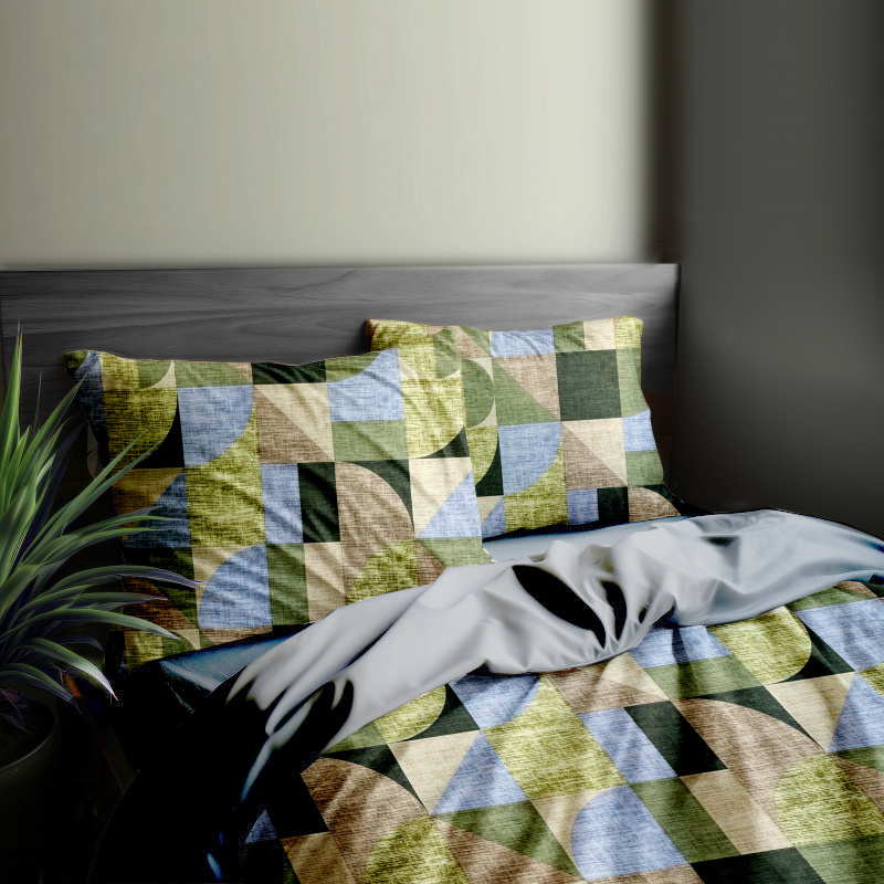 #Ervi FLANELOVÉ bavlněné povlečení - Abstrakce zelená-béžová/šedé 140x200 cm