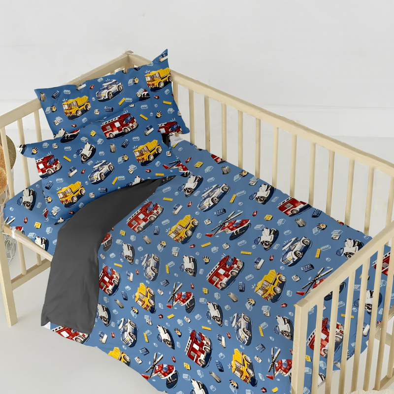 Ervi Bavlněné povlečení do postýlky DUO - autíčká a vrtulníky na modrém/šedé