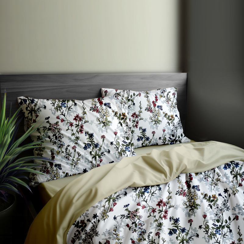 Ervi Bavlněné povlečení oboustranné - malované luční květiny na bílém 2/béžové