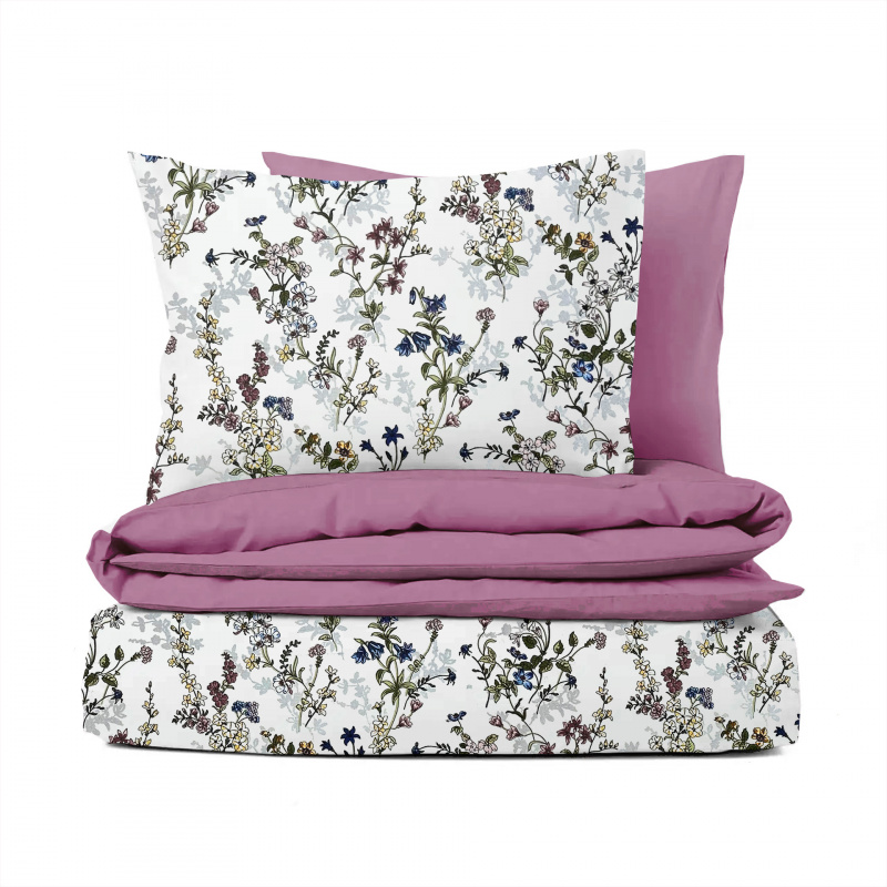 Ervi Bavlněné povlečení oboustranné - malované luční květiny na bílém 2/růžové