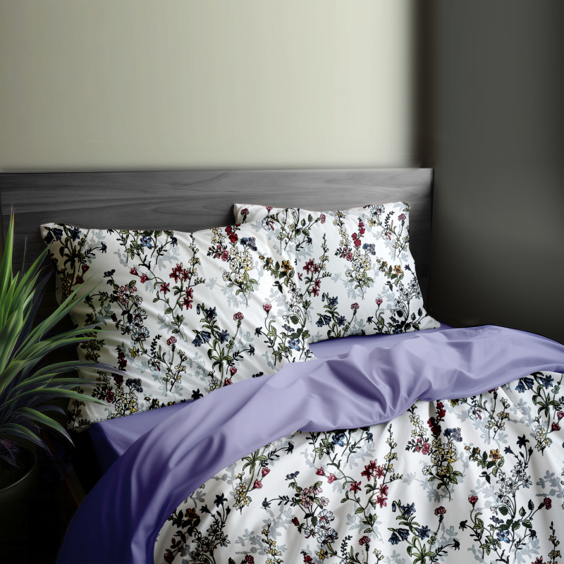 Ervi Bavlněné povlečení oboustranné - malované luční květiny na bílém 2/fialové