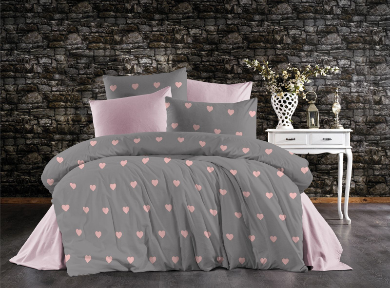 Ervi Bavlněné povlečení DUO -  růžové srdce na šedém/růžové