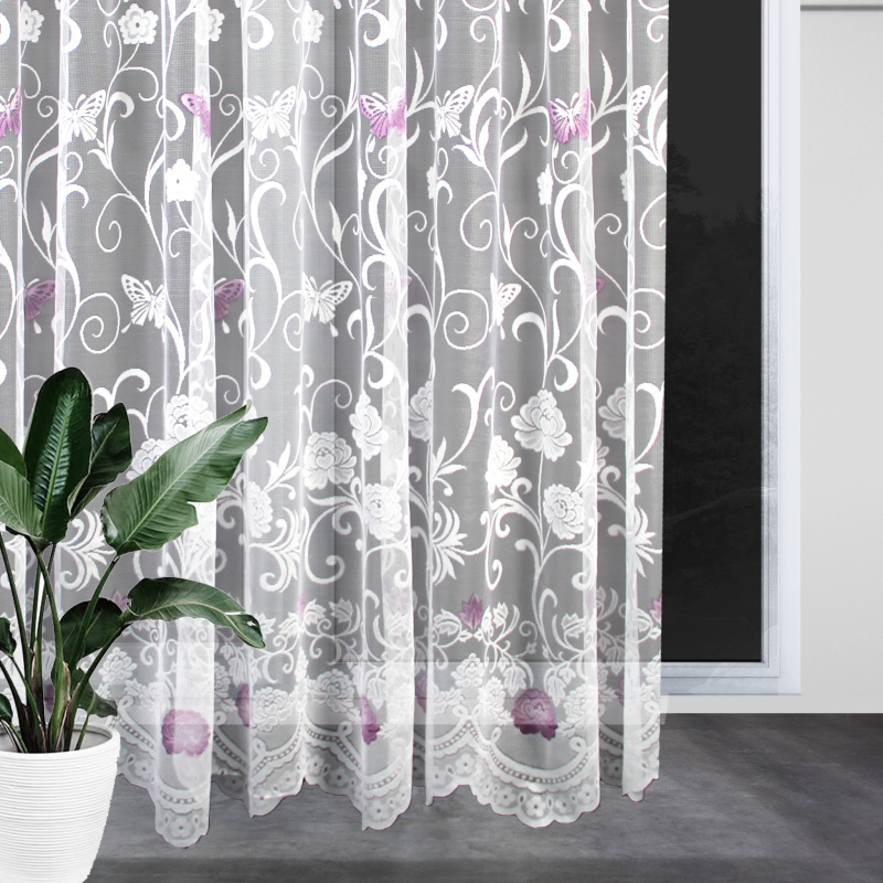 Ervi ﻿žakárová záclona bílá 7514 fialové motýlky, metráž