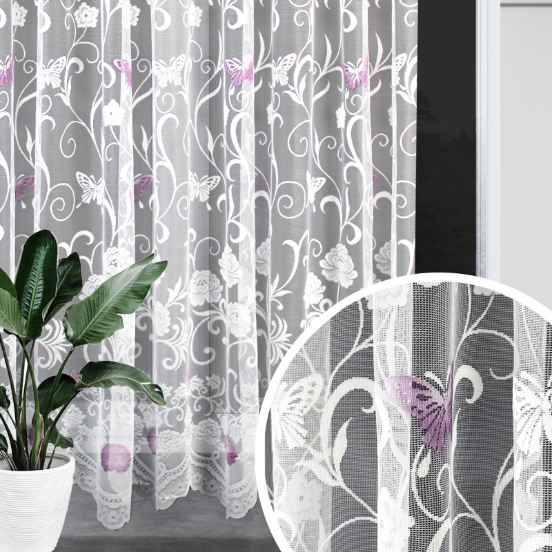 Ervi ﻿žakárová záclona bílá 7514 fialové motýlky, metráž