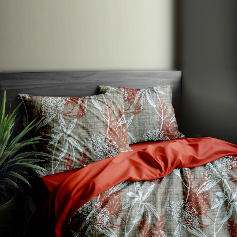 #Ervi Bavlněné povlečení oboustranné - oranžové a bílé listy na hnědém/cíhlové