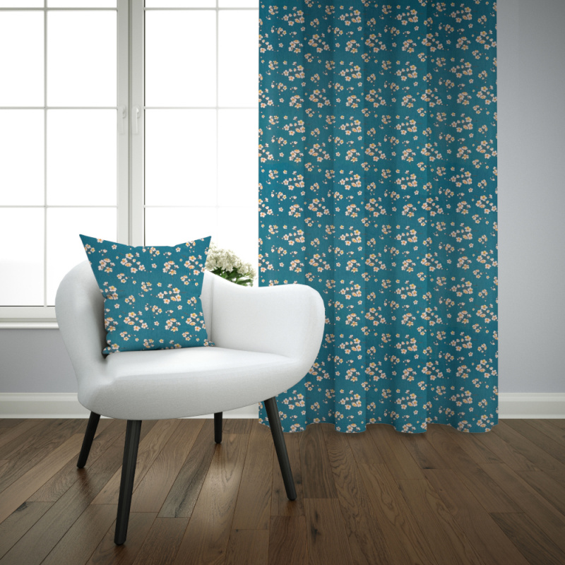 Ervi bavlněný závěs - Třešňový květ na tyrkysovým