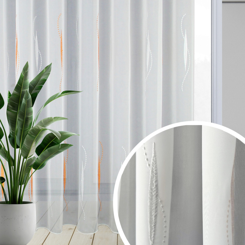 Ervi voálová záclona bílá s bílou a oranžovou výšivkou 240440 , metráž