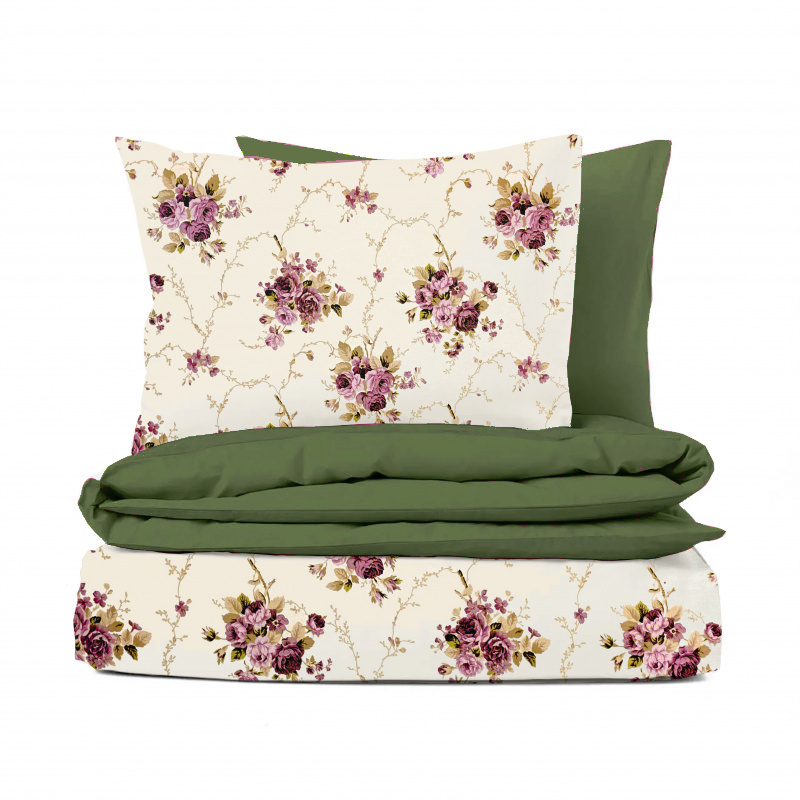 Ervi Bavlněné povlečení oboustranné - Růžové růže/olivové