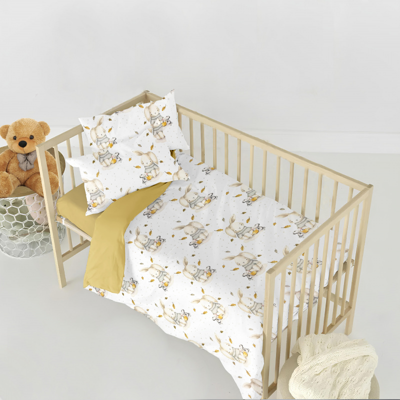 Ervi Bavlněné povlečení do postýlky DUO - Zaječí pohádka/hořčice