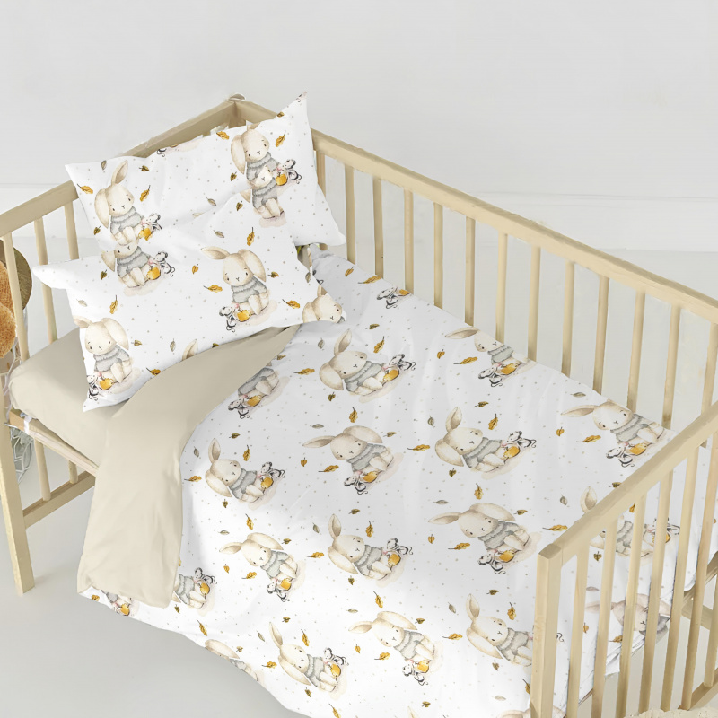 Ervi Bavlněné povlečení do postýlky DUO - Zaječí pohádka/béžové