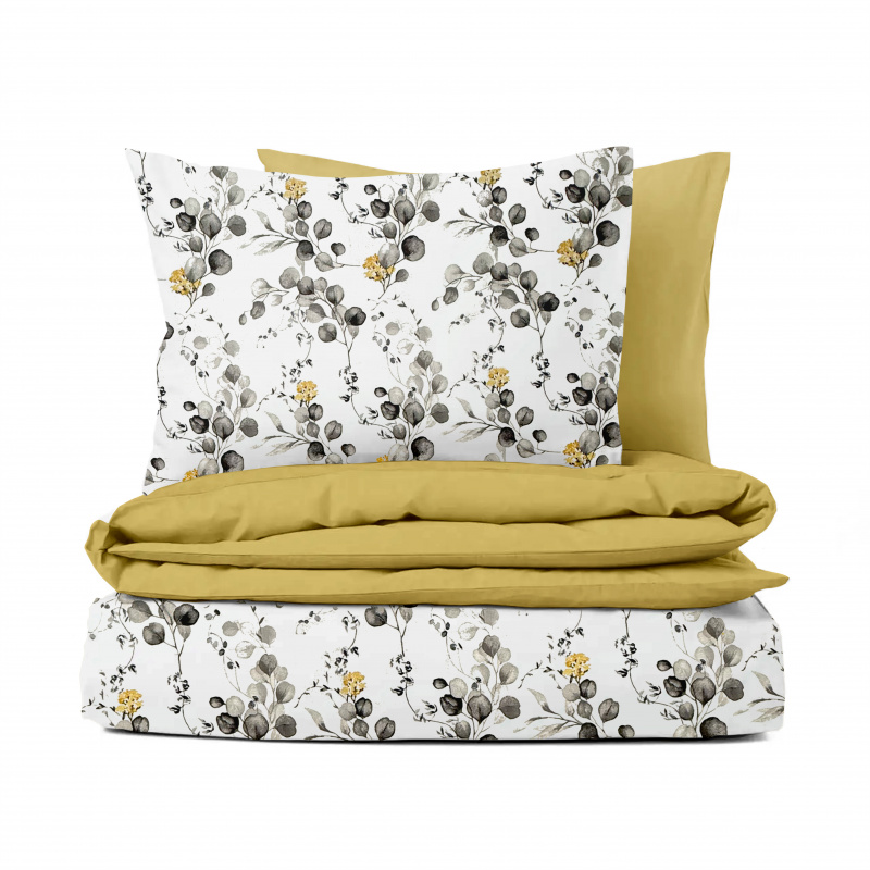 Ervi Bavlněné povlečení oboustranné - Eukalyptový dotek šedý/hořčice