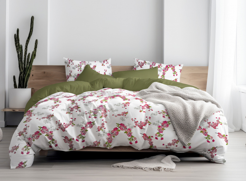Ervi Bavlněné povlečení oboustranné - Okouzlující kvítky/olivové