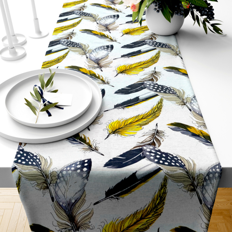 #Ervi bavlněný běhoun na stůl -  žluté a šedé peří 45 x 140 cm