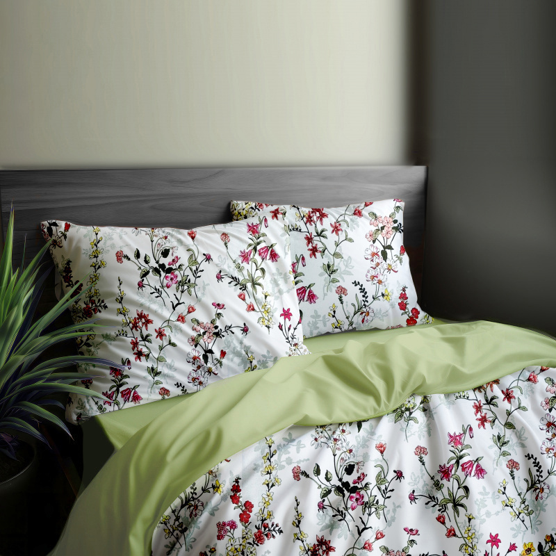 #Ervi bavlněné povlečení oboustranné - malované luční květiny na bílém/světle olivové 140x200 cm