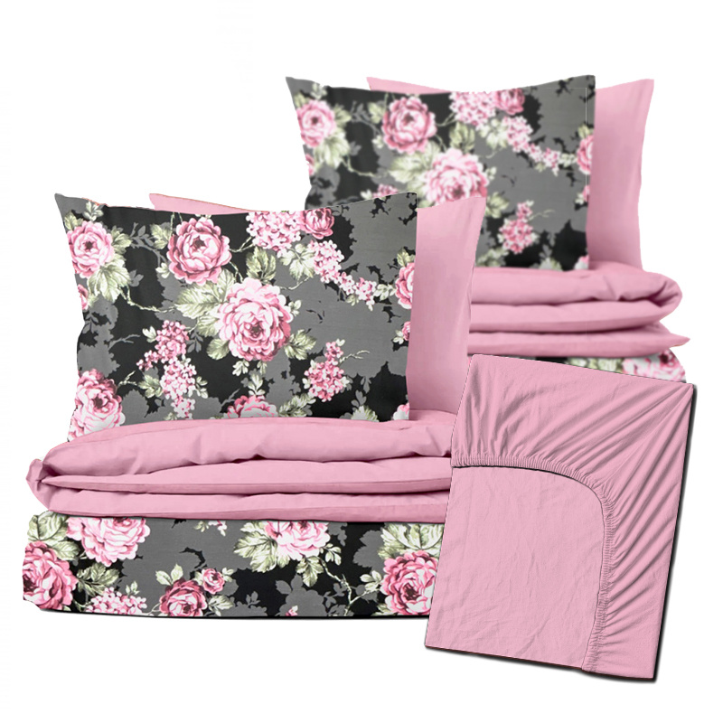 #Ervi Zvýhodněná Sada Bavlněného DUO povlečení s Prostěradlem - Květy na černém/růžové  200x220cm