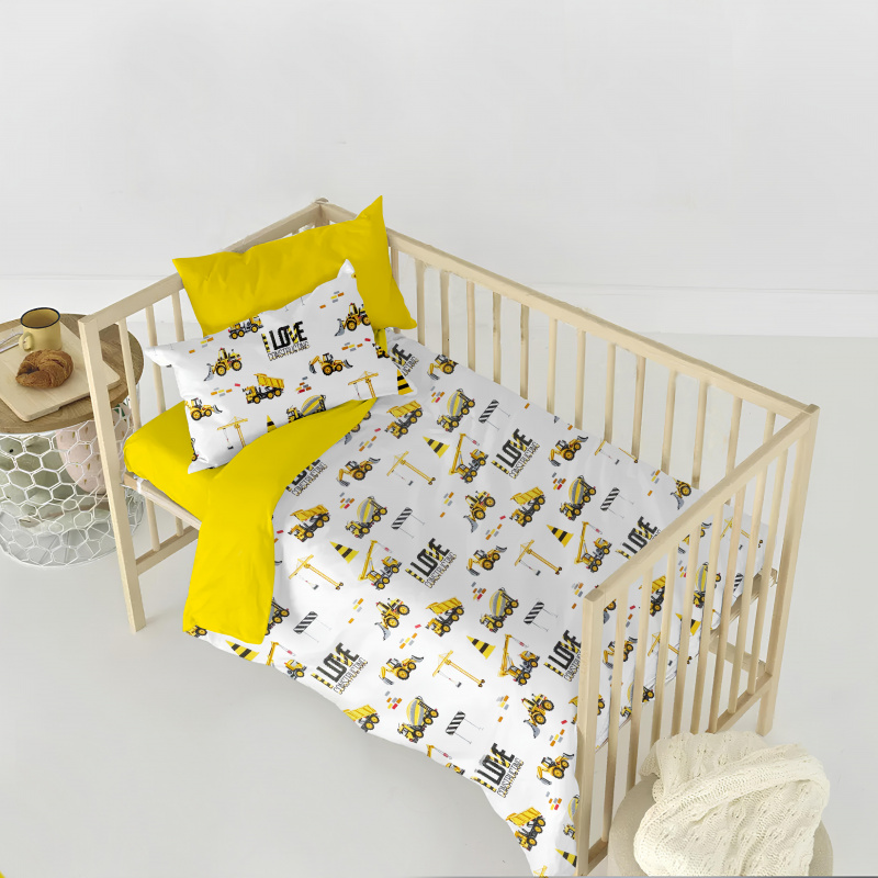 Ervi bavlněné povlečení do postýlky DUO - auta a bagry/žluté