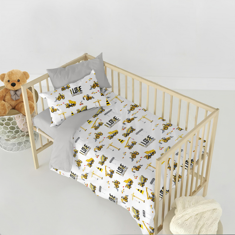Ervi bavlněné povlečení do postýlky DUO - auta a bagry/šedé