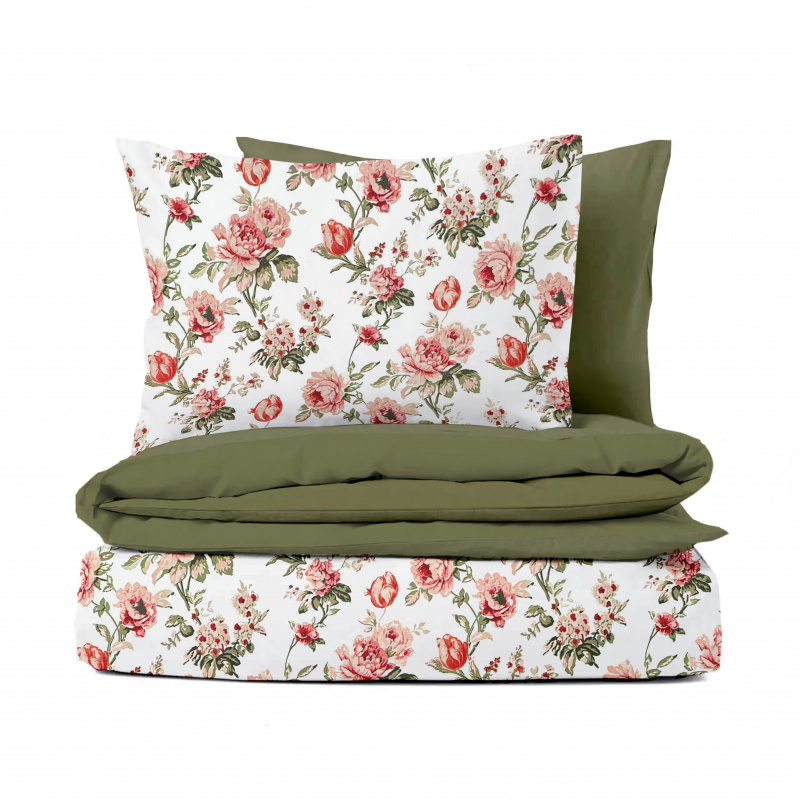 Ervi Bavlněné povlečení oboustranné - Šepot květin/olivové