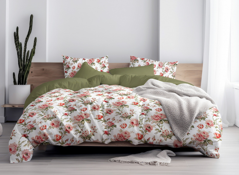 Ervi Bavlněné povlečení oboustranné - Šepot květin/olivové