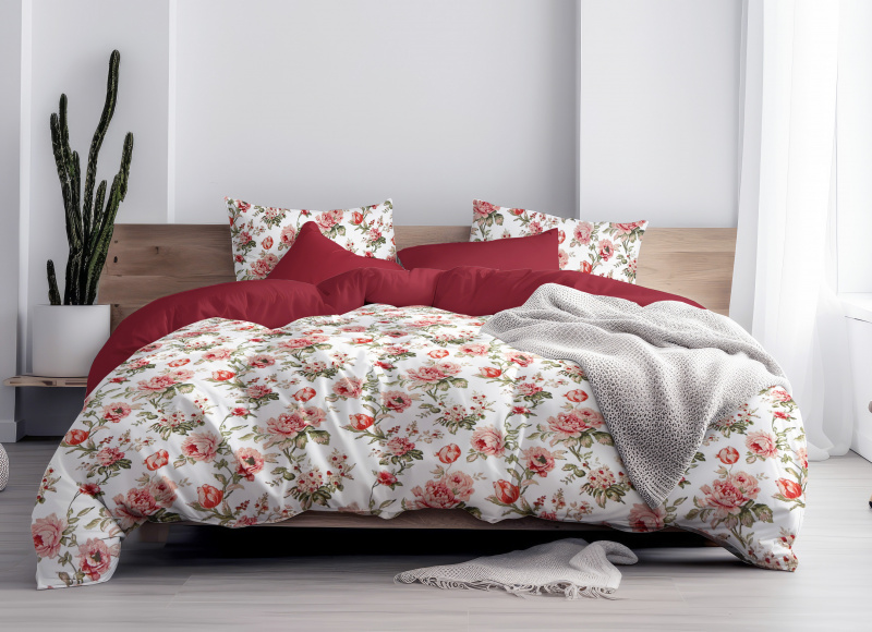 Ervi Bavlněné povlečení oboustranné - Šepot květin/bordo