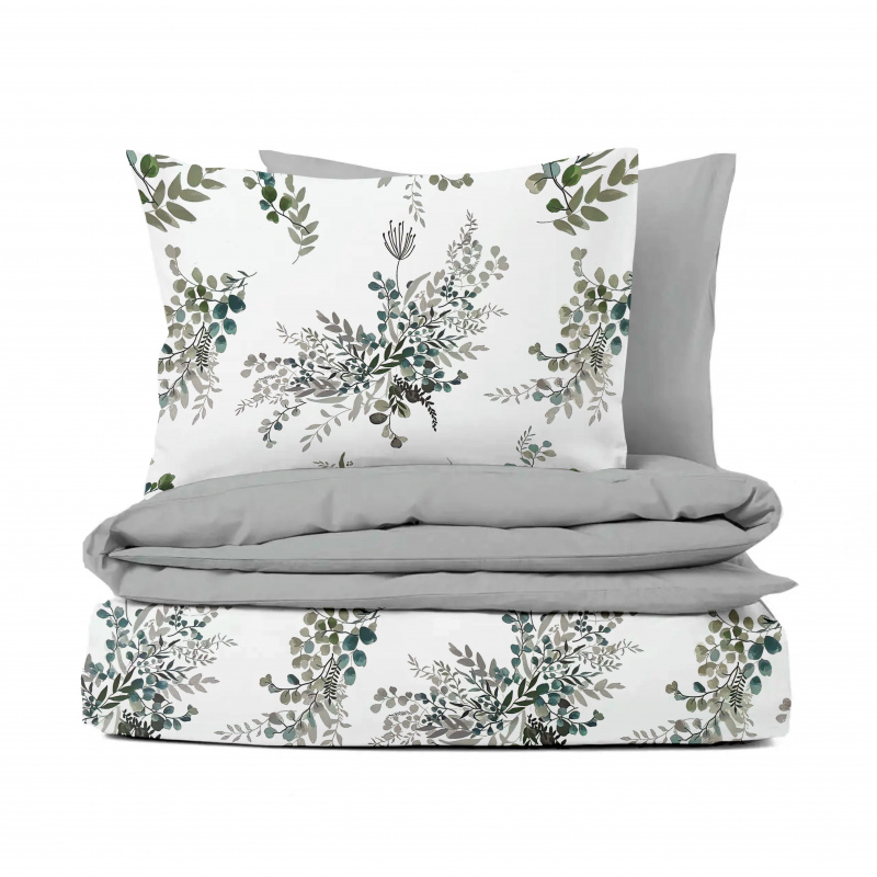 #Ervi Bavlněné povlečení oboustranné - Zahrada Snov/světle šedé 200x220cm +2ks x 70x90cm