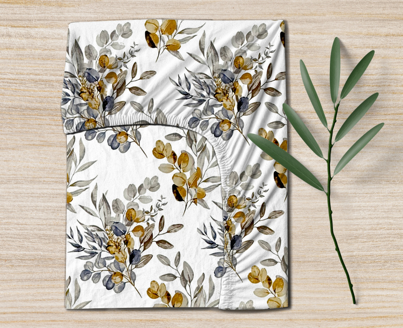 Ervi Bavlněné napínací prostěradlo - eukalyptové větvičky podzimní