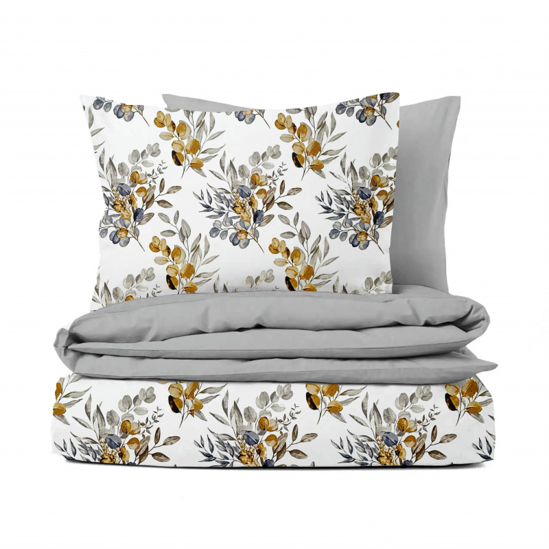 Ervi Bavlněné povlečení oboustranné - eukalyptové větvičky podzimní/světle šedé