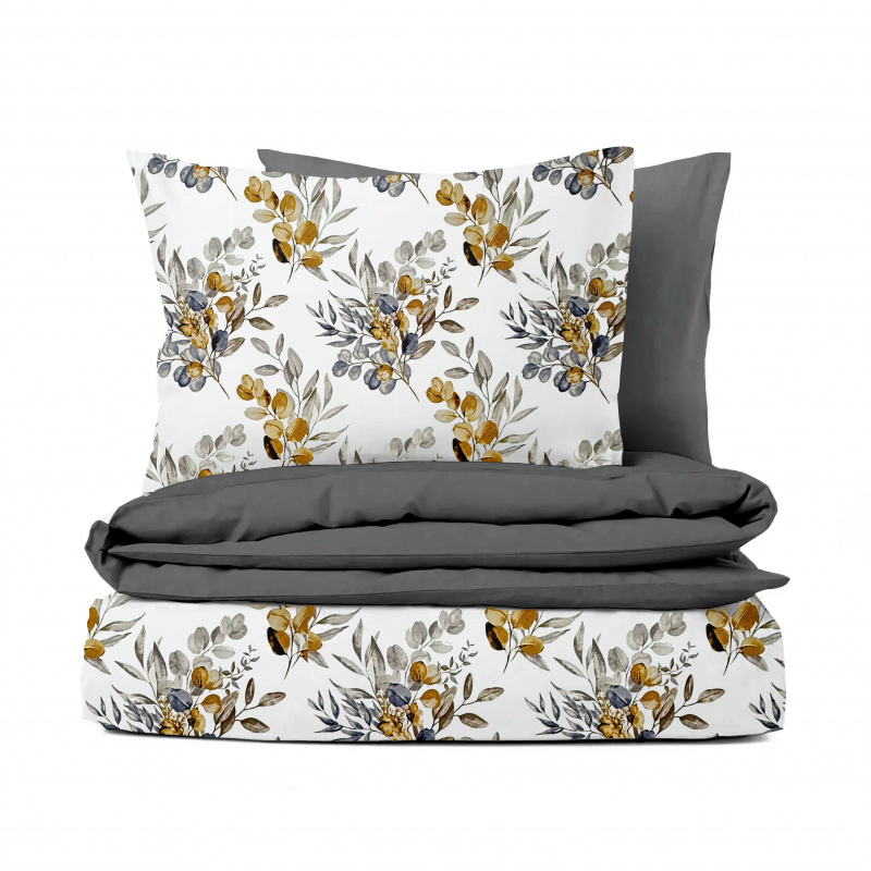 Ervi Bavlněné povlečení oboustranné - eukalyptové větvičky podzimní/tmavě šedé