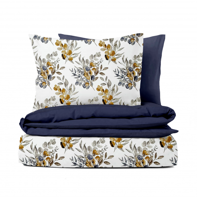Ervi Bavlněné povlečení oboustranné - eukalyptové větvičky podzimní/tmavě modré