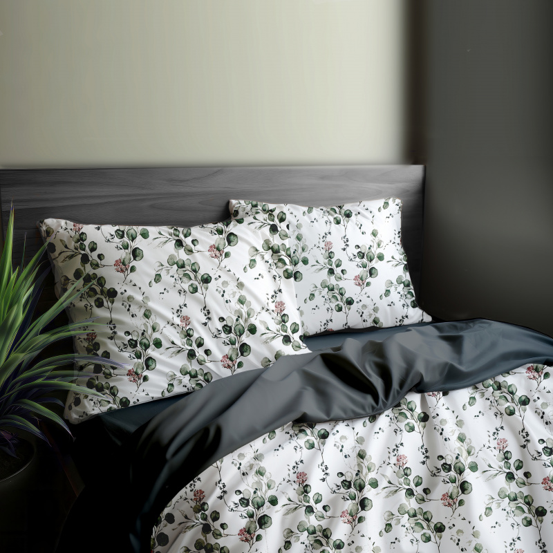 Ervi Bavlněné povlečení oboustranné - Eukalyptový dotek 2/tmavě šedé