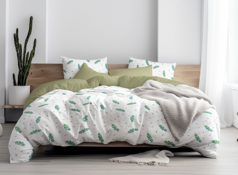 Ervi Bavlněné povlečení oboustranné - Modrý květ jara/olivové