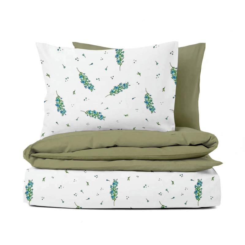 Ervi Bavlněné povlečení oboustranné - Modrý květ jara/olivové