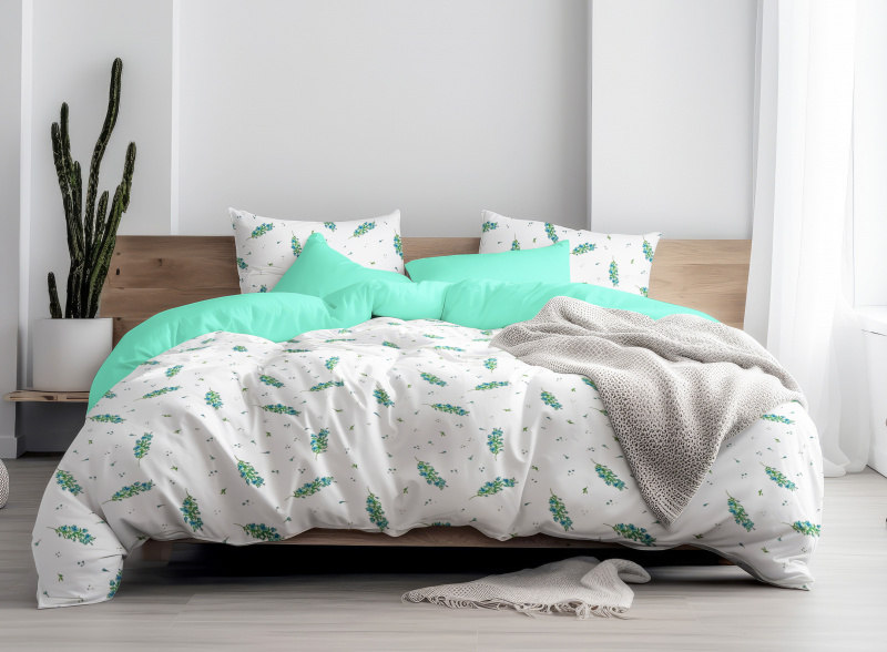 Ervi Bavlněné povlečení oboustranné - Modrý květ jara/tyrkysové