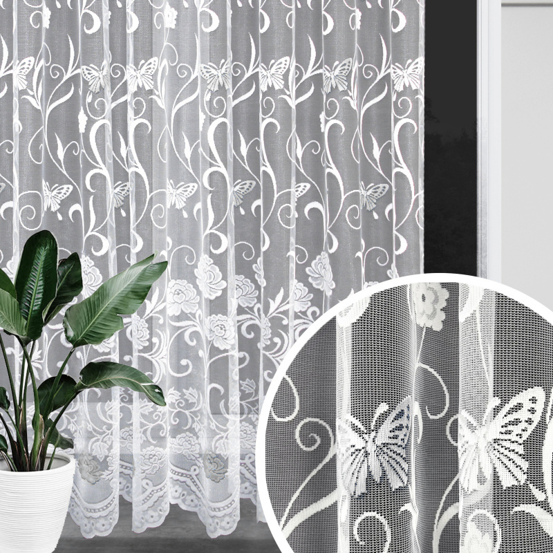 Ervi ﻿žakárová záclona bílá 7514 - motýlky, metráž