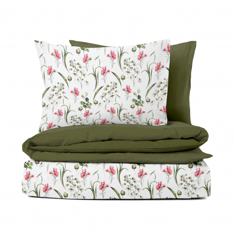 Ervi Bavlněné povlečení oboustranné - Dotek květů/olivové