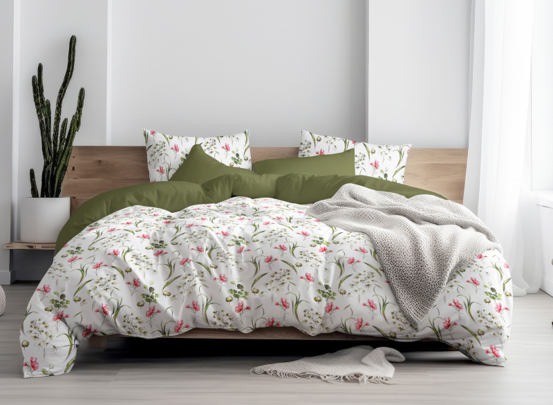Ervi Bavlněné povlečení oboustranné - Dotek květů/olivové