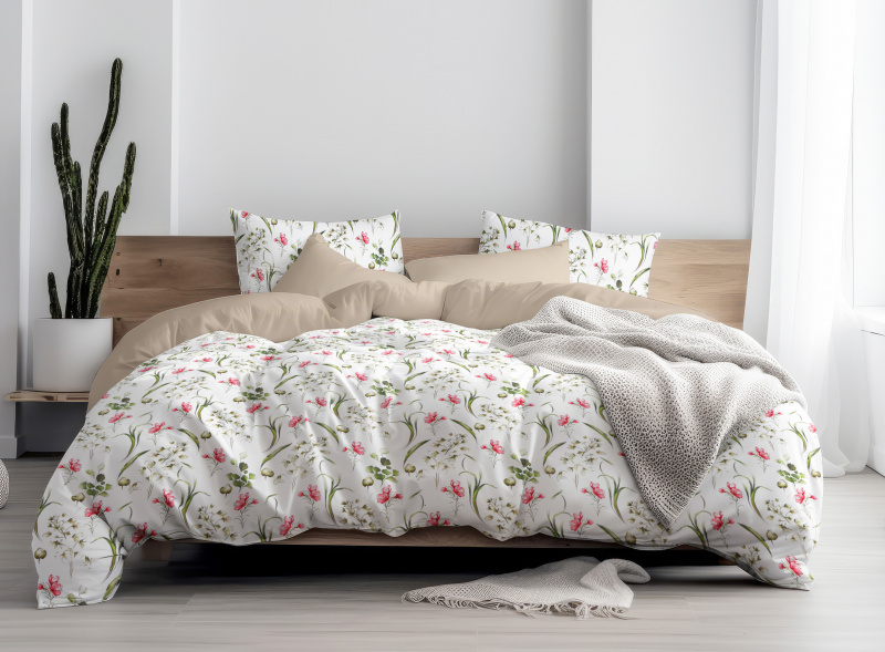 Ervi Bavlněné povlečení oboustranné - Dotek květů/béžové