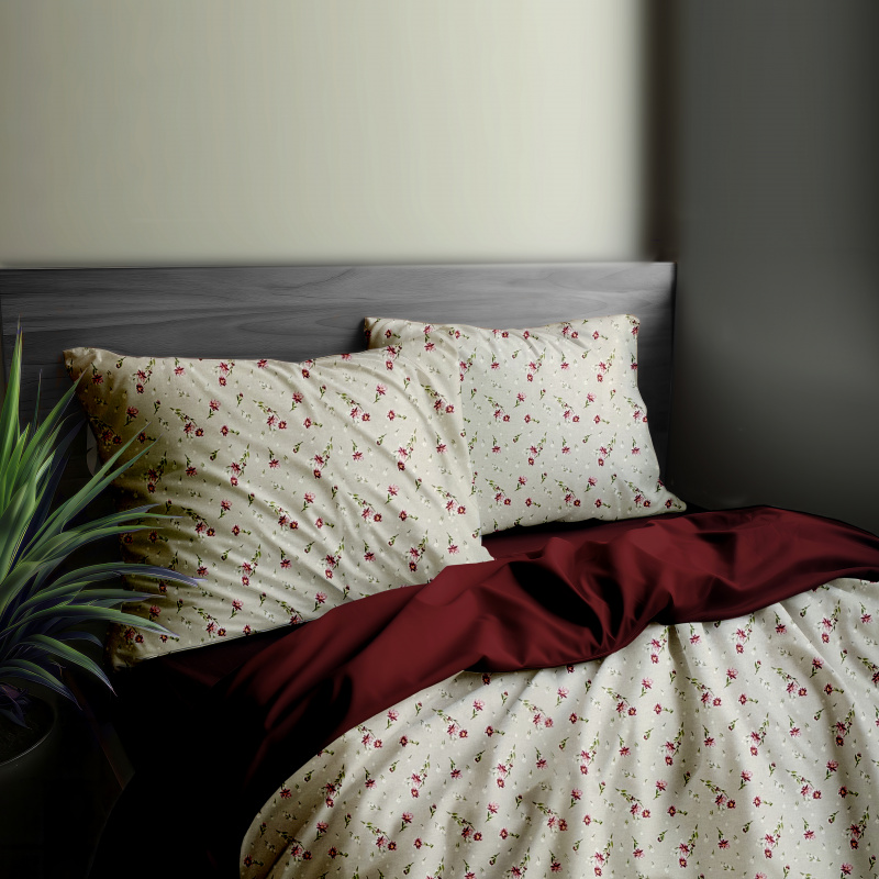 Ervi Bavlněné povlečení oboustranné - Jemná louka/bordo