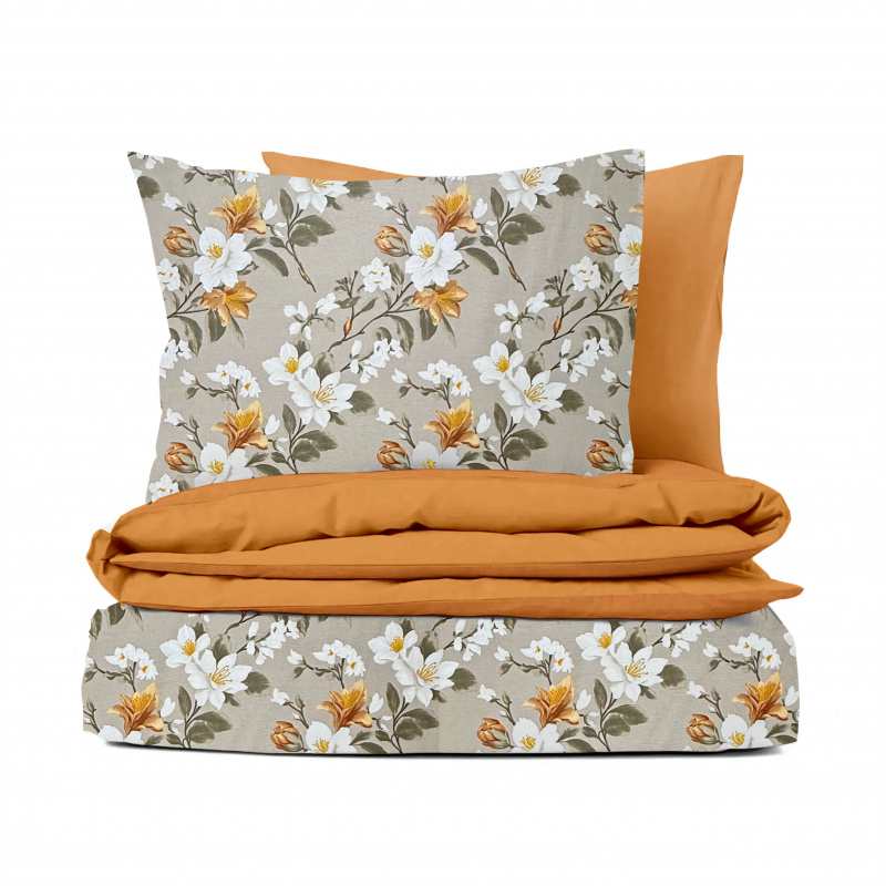 Ervi Bavlněné povlečení oboustranné - Magnóliový klid/oranžové