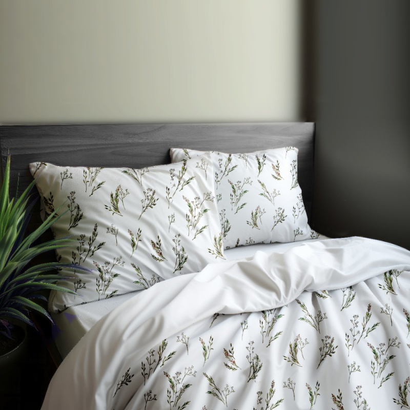 Ervi Bavlněné Saténové povlečení DELUXE DUO - Jemné bylinky/bílé