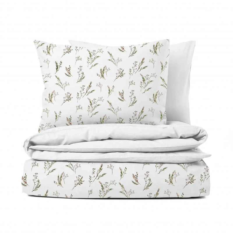Ervi Bavlněné Saténové povlečení DELUXE DUO - Jemné bylinky/bílé