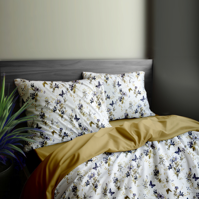 Ervi Bavlněné povlečení oboustranné - Tanec motýlů/hořčice